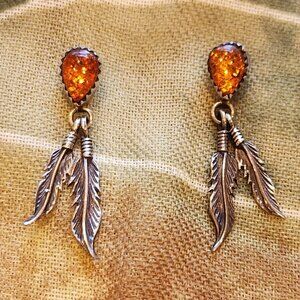 VTG Hallmarked RB Sterling & "Amber" Feather Post Earrings, Navajo, 1 3/8" L